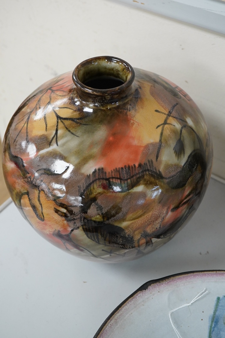 Two Cobridge vases, a Pilkington's Royal Lancastrian vase, 20cm high and a Diane Cross bowl